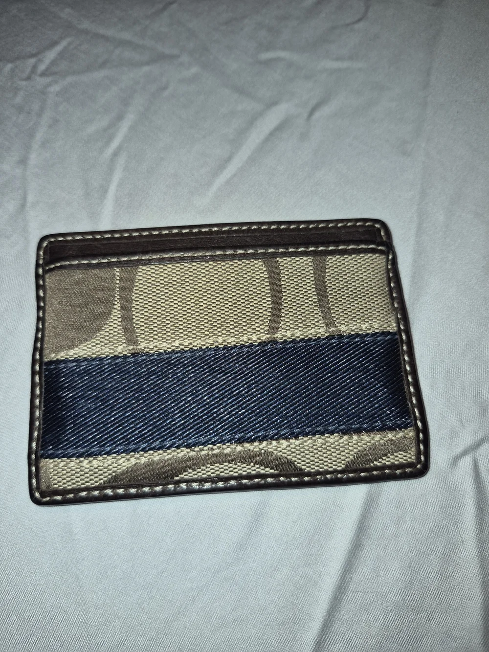 Coach Brown Signature Canvas Card Holder with Navy Stripe